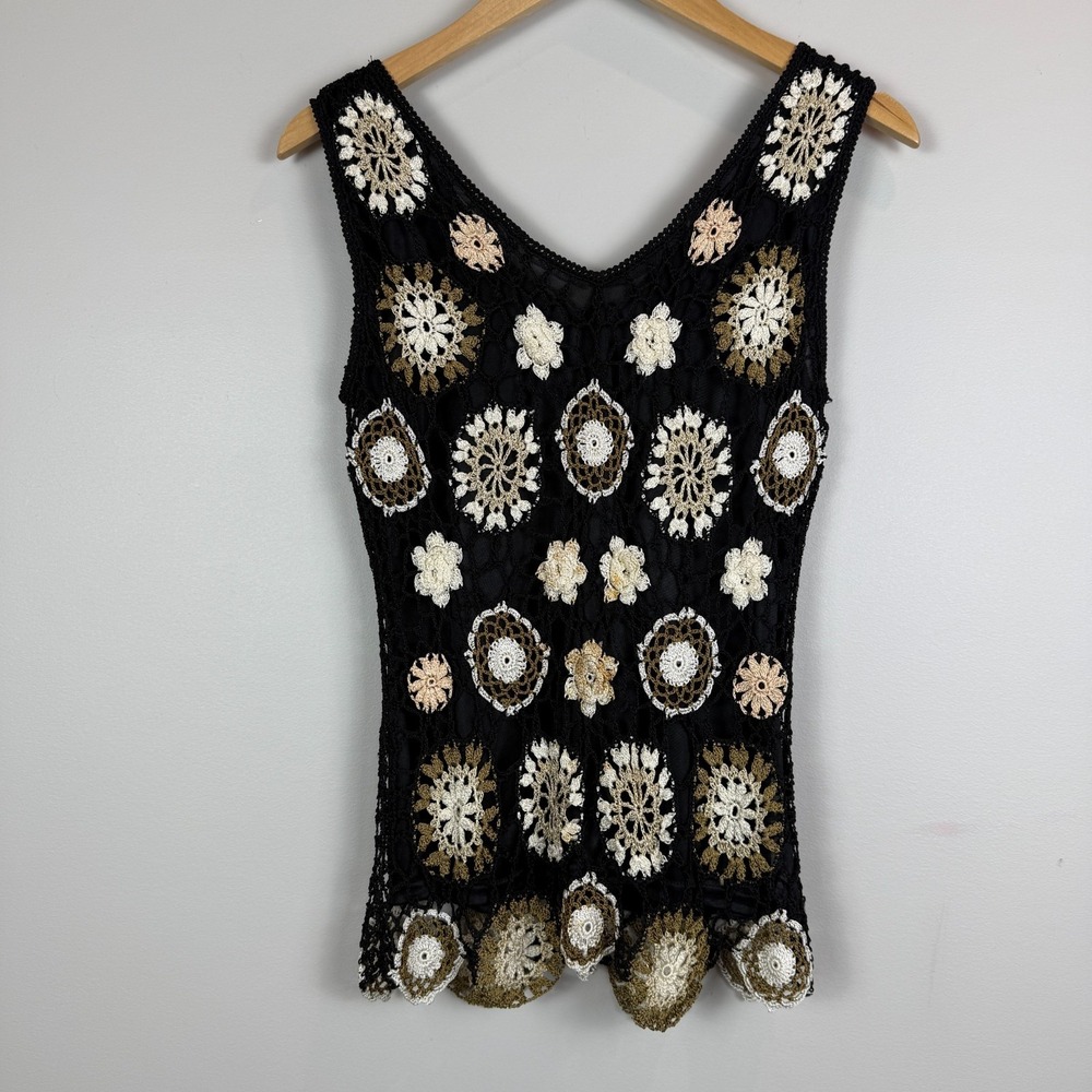 Crochet Granny Square Top Women S Black White Floral Lace Boho Fairy Y2K Stretch
